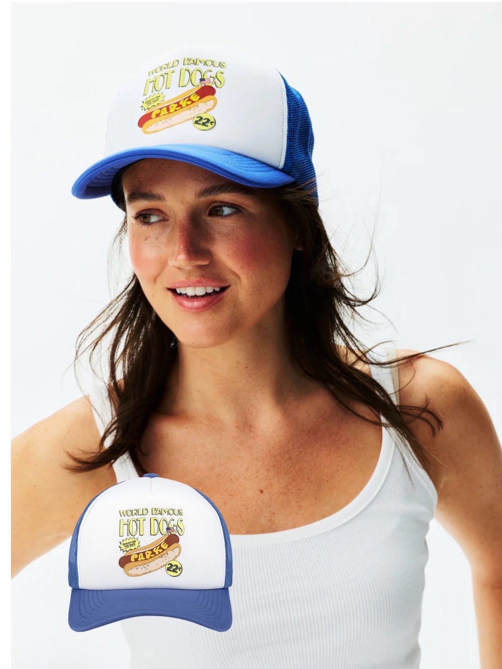 PARKE World Famous Hot Dogs Trucker Hat Blue & White Mesh Snapback NWT